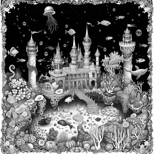 creaye a deatiled black and white colring page featuring Underwater Palace: Depict an underwater palace made of coral and sea glass, surrounded by colorful marine life, mermaids, and hidden treasures scattered across the ocean floor