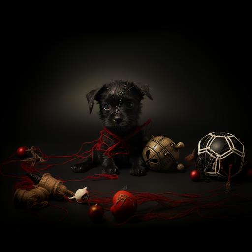 creepy Halloween black puppy spider with spikes chewing on a voodoo doll