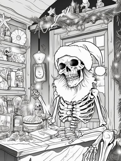creepy christmas adult coloring book page , masterfully crafter in 1 bit line art thick black outlines against white background. The illustration is composed of crispy thick outlines that defgine each element with precision and clarity, inviting the colorist to explore the intricacies of the scenes, evoking a sense of nostalgia and creativite aspect --ar 3:4
