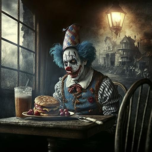 creepy dreamy tavern clown French toast scene --v 4