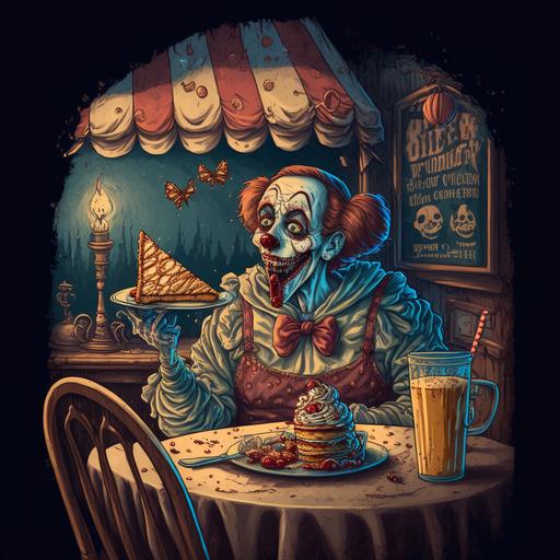 creepy dreamy tavern clown French toast scene --v 4