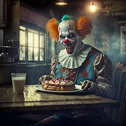 creepy dreamy tavern clown French toast scene --v 4