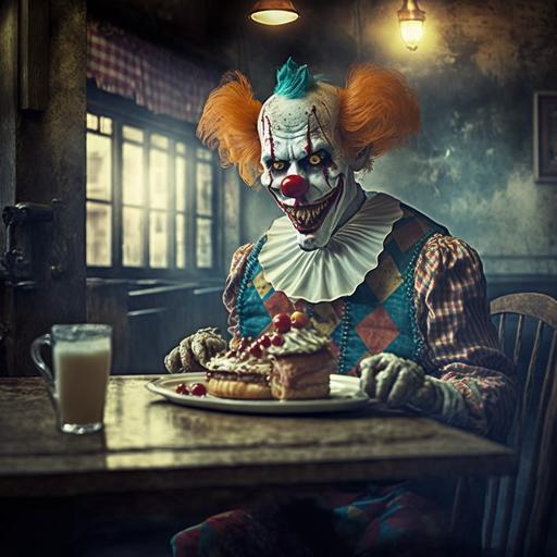 creepy dreamy tavern clown French toast scene --v 4