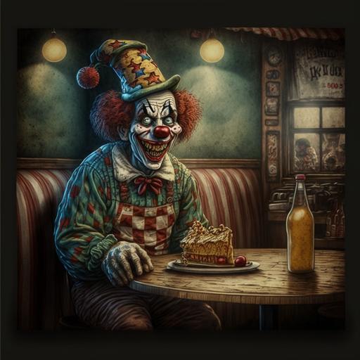 creepy dreamy tavern clown French toast scene --v 4