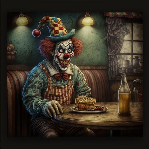 creepy dreamy tavern clown French toast scene --v 4