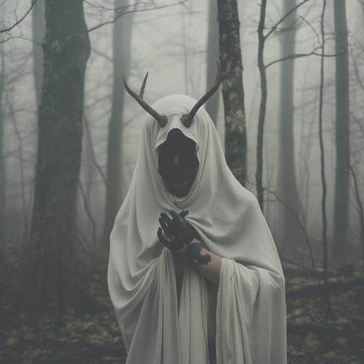 creepy liminal photo of a shaman witch in the woods. She’s wearing white draped clothing that hides her eyes. She has antlers and a strange pose. Her hands are covered in black paint. The atmosphere is cold with fog