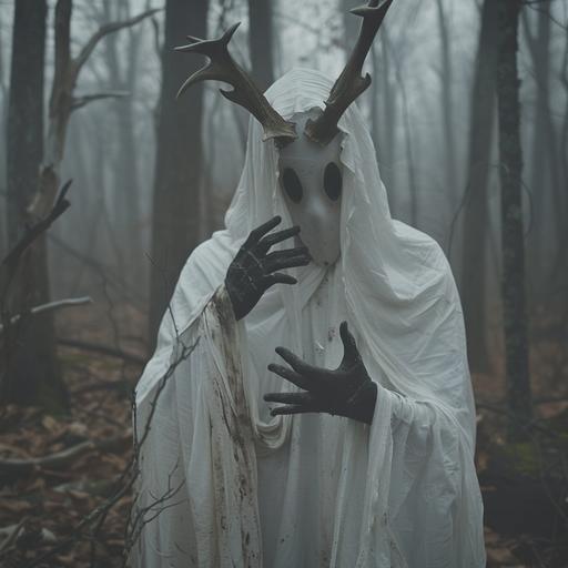 creepy liminal photo of a shaman witch in the woods. She’s wearing white draped clothing that hides her eyes. She has antlers and a strange pose. Her hands are covered in black paint. The atmosphere is cold with fog
