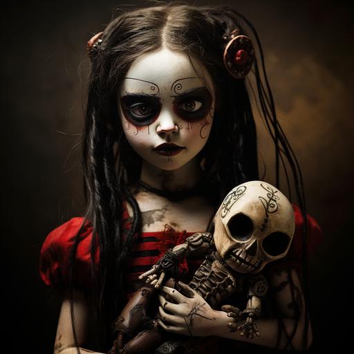 creepy little girl Mexican doll slightly broken holding another creepy doll, in the style of Tim Burton