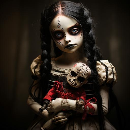 creepy little girl Mexican doll slightly broken holding another creepy doll, in the style of Tim Burton