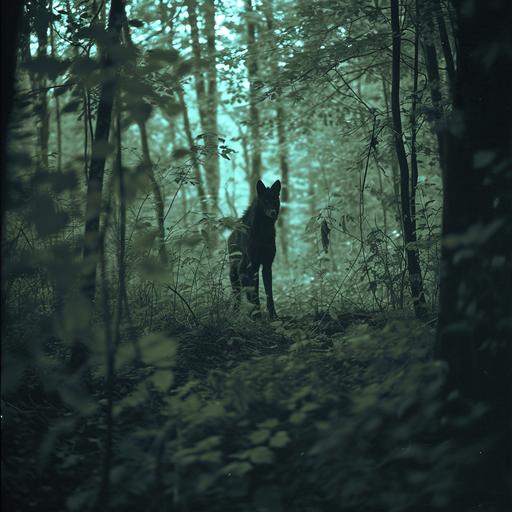 creepy picture chupacabra standing in the forest. Night vision. trail cam. very low light. grainy. --v 6.0 --style raw