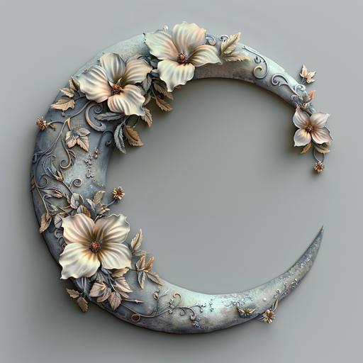 crescent moon decorated with mystical flowers and leave, pale colours, grey background, 3D model style