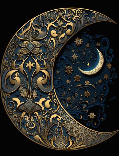 crescent moon in persian cartoon style. highly detailed, blue and gold tones. --ar 3:4