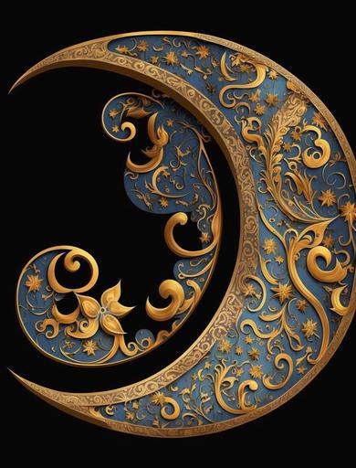 crescent moon in persian cartoon style. highly detailed, blue and gold tones. --ar 3:4
