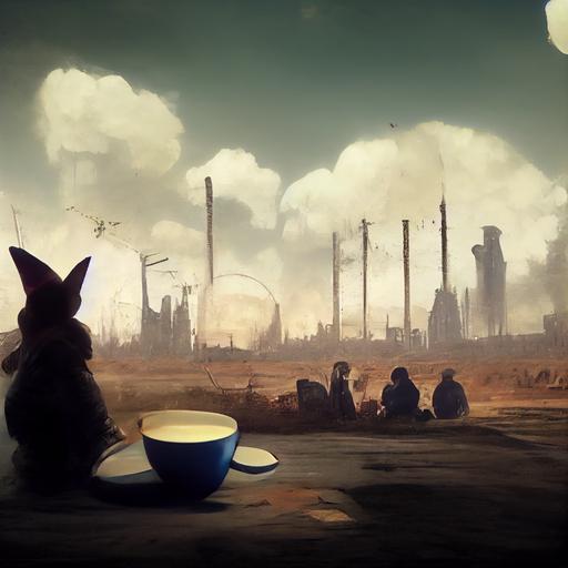 cricket having a tea party. Background post apocalyptic