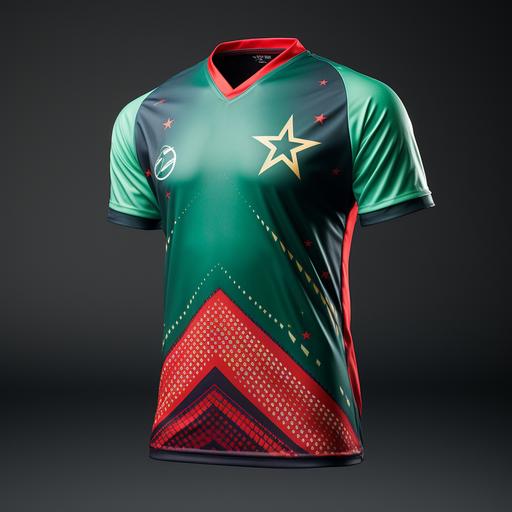 cricket uniform with a geometric pattern in shades of emerald green, red, silver. 1. The shield logo with the southern cross and galaxy themes 2. The emerald green, red, silver color palette with diagonal stripes and stars. 3. The geometric pattern with modern styling of the jersey