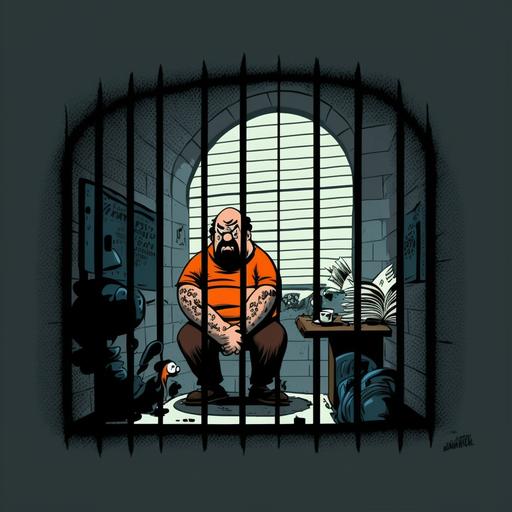 Cartoon criminal sitting in prison