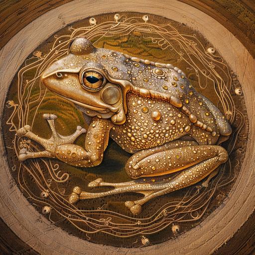 crop circles depicting a portrait of a golden frog, fabulous, glitter, gold, precious jewels.