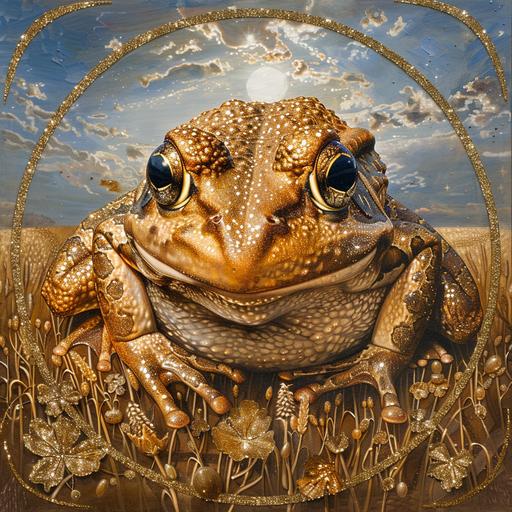 crop circles depicting a portrait of a shiny, golden frog statue, fabulous, glitter, gold, precious jewels.