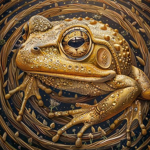 crop circles depicting a portrait of a shiny, golden frog statue, fabulous, glitter, gold, precious jewels.