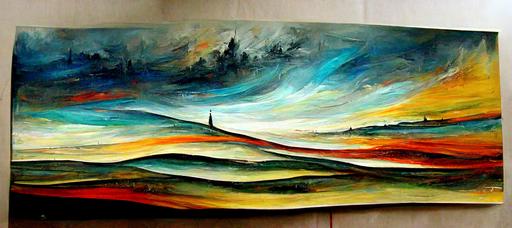 emotional landscape, horizon, intricate, abstract art, acrylic scapel knife, long brush strokes, muted, --ar 21:9