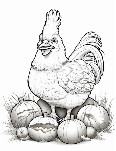 crisp, coloring book pages for kids, large silly Chicken laying pumpkin eggs, line art, no color, no shadow, no shading, no grayscale, white background, cartoon style, low detail, flat --ar 85:110