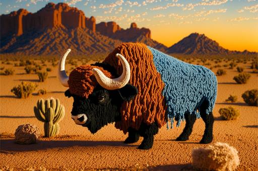 crochet buffalo desert scene, yarn --ar 3:2 --v 4
