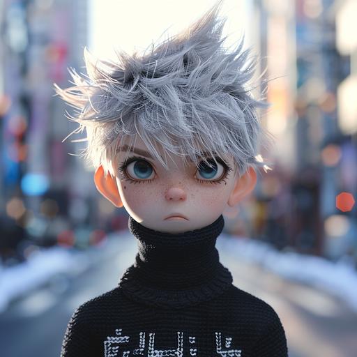 crochet image of stylized artistic representation blending anime and real-world elements. It features an anime character with spiky silver hair and piercing blue eyes. The character has a solemn expression and appears to be superimposed onto a real-life background, which is a blurred streetscape indicating depth of field. The character is wearing a black turtleneck with Japanese text on it. --v 6.0