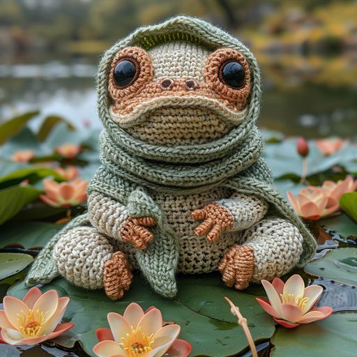 crochet knitted frog knight, sitting on a bed of knitted lotus leaves in a pond with knitted lotus flowers --style raw --s 750