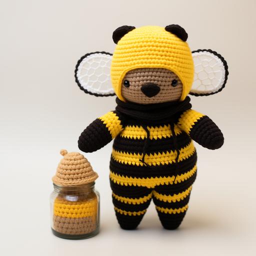 crochet simple bear wearing bee costume made from yarn
