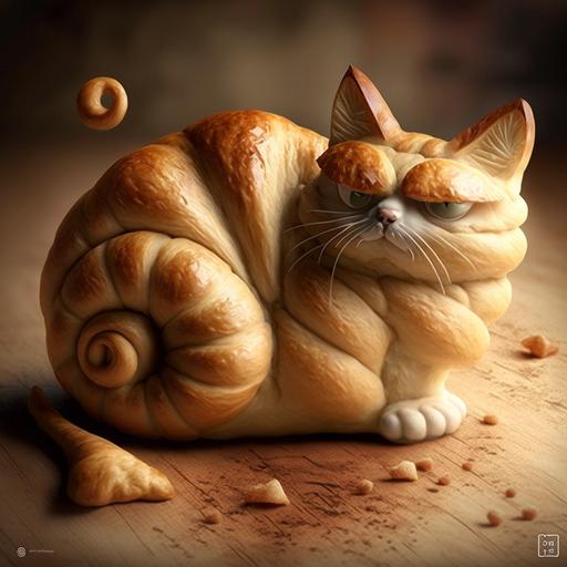 croisant, shaped like a cat, with saucage shaped like a mouse