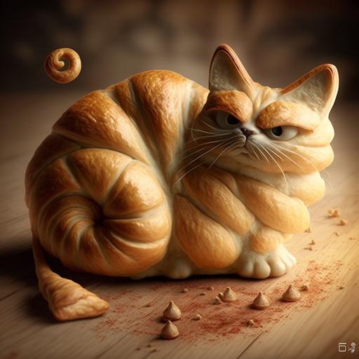 croisant, shaped like a cat, with saucage shaped like a mouse