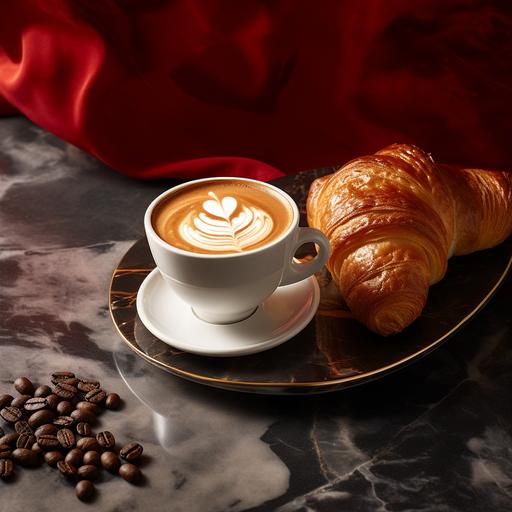 croissant and latte coffee photo on rosso levanto marble