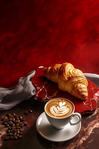 croissant and latte coffee photo on rosso levanto marble