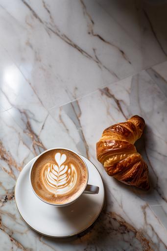 croissant and latte coffee photoragphy, key and fill light, cinematic, marble floor