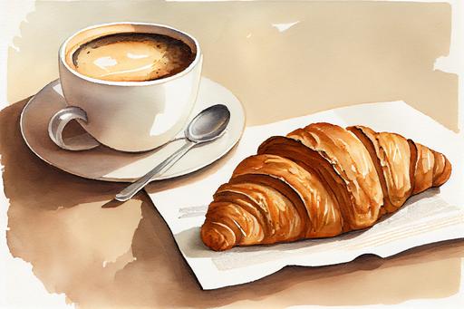 croissant with coffee drawing with bit of watercolour, --v 4 --ar 3:2 --q 2 --s 750 --upbeta