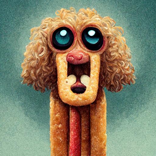 cross eyed cartoon poodle eating a very long string of sausages