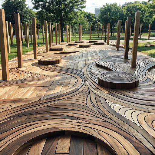 cross laminated wood flooring in park that has 2 inch wood poles sticking out of it that are placed in waving and spiral patterns, the 2