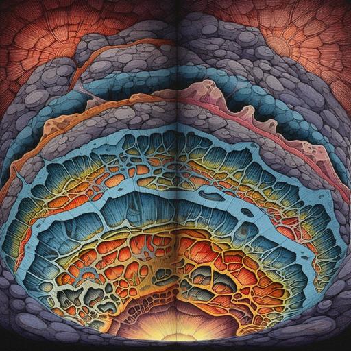 cross-section of tectonic plates in the style of alex grey and luke brown --q 2 --s 750