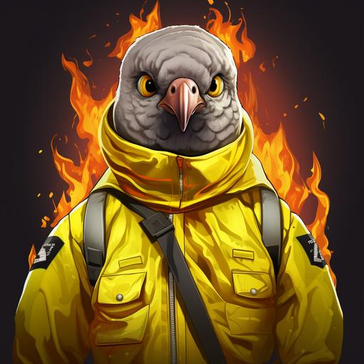 crosseyed pigeon with huge eyes and a small head, dressed as a firefighter with an oversized baggy yellow jacket, not cute, 2d, vector, graphic t-shirt, funny