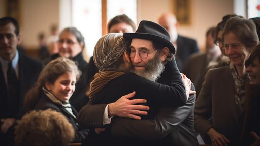 Jewish and Christian families hugging one another in church, Real photograph, Canon 7D, f4, --ar 16:9 --style raw