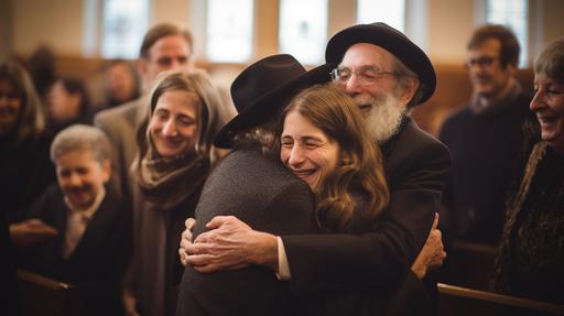 Jewish and Christian families hugging one another in church, Real photograph, Canon 7D, f4, --ar 16:9 --style raw