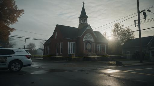 Wide shot of a Jewish synagogue that is closed off with crime scene tape, police cars sit idle in the parking lot:: full HD, taken on Canon EOS 7D, f4 --v 5.2 --ar 16:9 --style raw