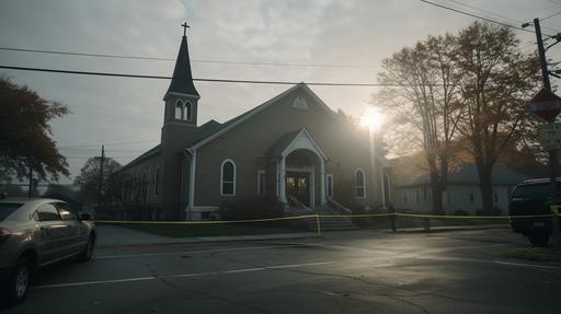 Wide shot of a Jewish synagogue that is closed off with crime scene tape, police cars sit idle in the parking lot:: full HD, taken on Canon EOS 7D, f4 --v 5.2 --ar 16:9 --style raw