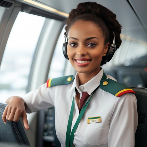 Ethiopian American Fashion Model is dressed in the Ethiopian Airlines uniform and performs her job with a smile, welcome aboard Ethiopian Airlines, beautiful face,