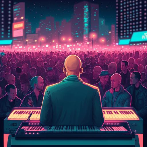 crowd of 100 people in front of one bald 45 year old guy playing keyboards on concert in casual clothes 80s style in city ambience at night neon lights colourful high detail 8k