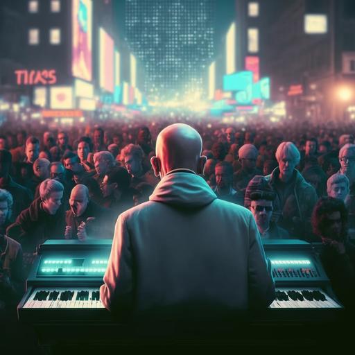 crowd of 100 people in front of one bald 45 year old guy playing keyboards on concert in casual clothes 80s style in city ambience at night neon lights colourful high detail 8k