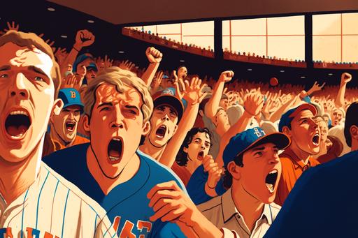 crowd of Mets::3 fans calls the Phillies::2 pitcher a stupid meatball, injures his feelings, Shea stadium, pitcher's mound, brawl, crowd chanting and booing --q 2 --ar 3:2