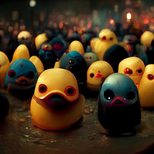 crowd of drunk rubber ducks dark concept art