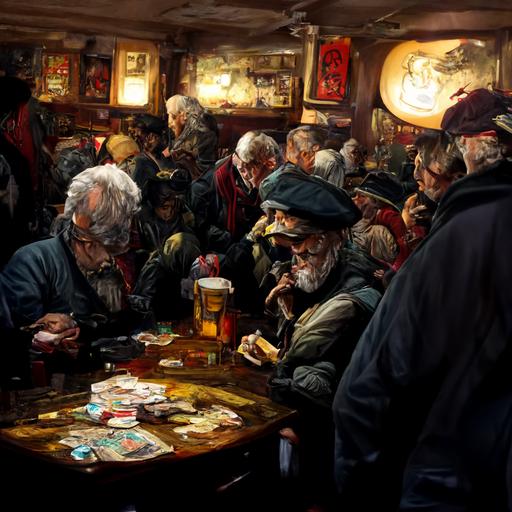 crowded pub, lots of people, renaissance, drinking, poker, ship, sailor, storm, brooding, extreme detail, bird, eye patch, laughing, smoking, whiskey, torn clothes, old man, young man, bottles, cards, ace of hearts, cheating, money, chips