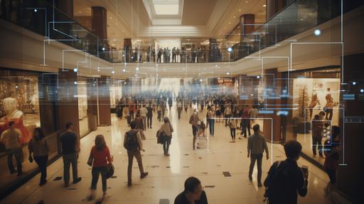 crowded shopping mall from the point of view of advanced face recognition AI --ar 16:9